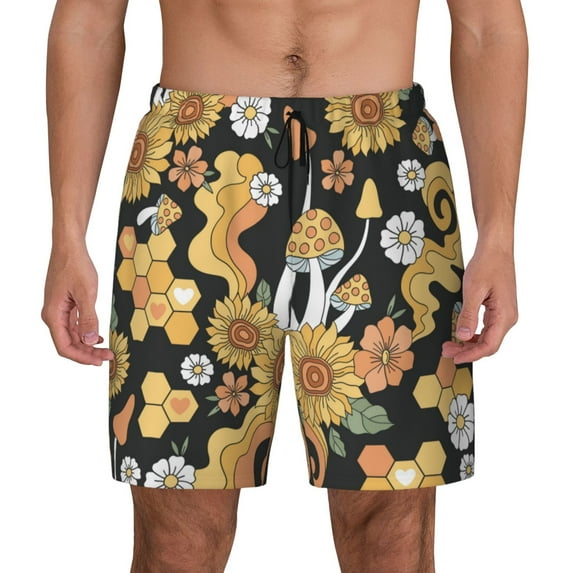 Kdxio Mushrooms Honeycomb Print Men'S Swim Trunks With Compression Liner 7 Inch Inseam Quick Dry Swim Shorts