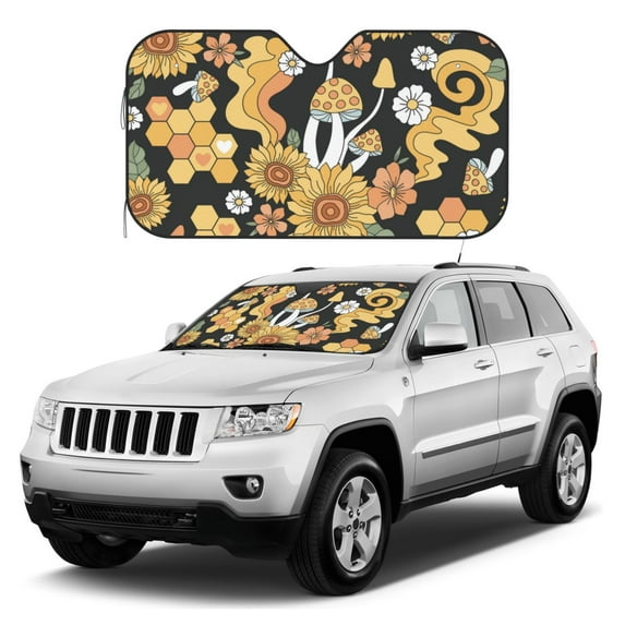 Kdxio Mushrooms Honeycomb Print Windshield Sun Shade, Foldable Sun Blocker for Car,Truck,SUV Automotive Interior Sun Protection,Reflective Shade for Front Windshield(Medium)