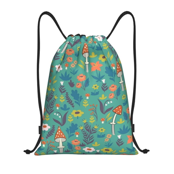 Kdxio Mushrooms and Flowers Print Drawstring Backpack Bag,Waterproof Draw String Back Sack, Gym Drawstring Bags Swim Bag For Unisex