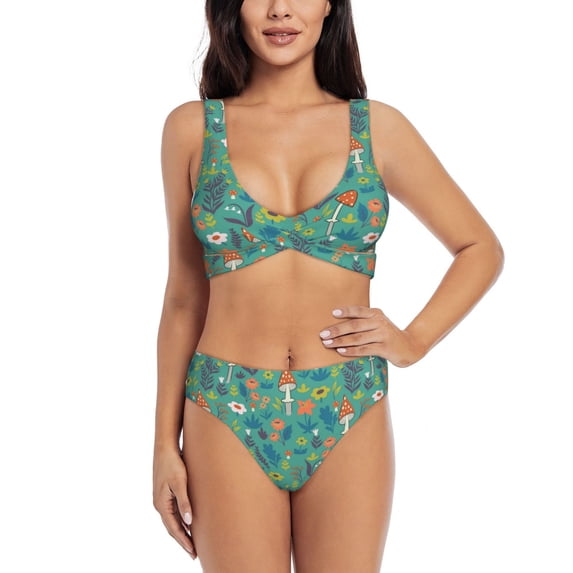 Kdxio Mushrooms and Flowers Print Women's 2 Piece High Waisted Wrap Spaghetti Strap Summer Swimsuit Bikini Set-Small