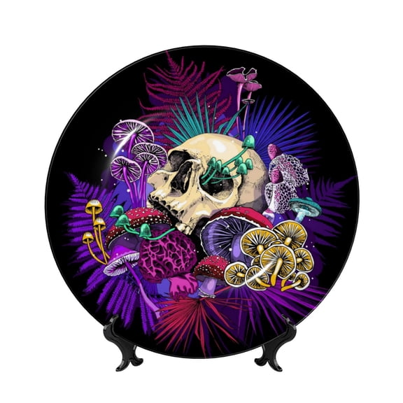 Kdxio Mushrooms and Skull Bone China Decorative Plate Ceramic Decorative Plate for Home Office Wall Stand Decorative Plates for Home Bedroom-6in