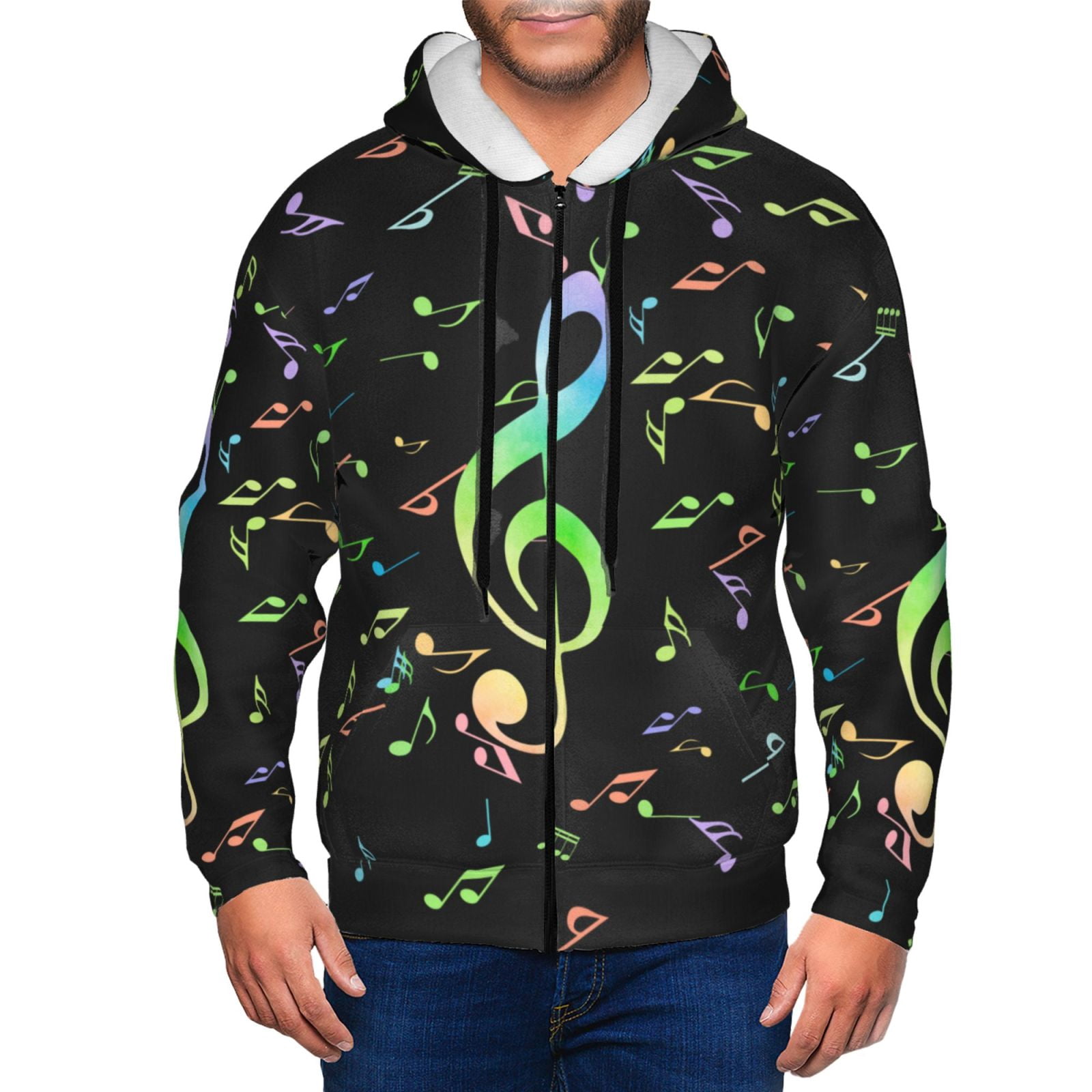 Music Notes Print Men Hoodies Casual Hoodies for Men with Zip Pockets Full Zip Long Sleeve Sweatshirt Sports Hooded Jacket-Large