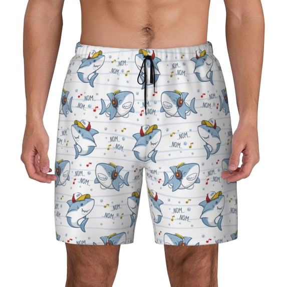 Kdxio Music Shark Print Men's Swim Trunks with Compression Liner 7 Inch Inseam Quick Dry Swim Shorts