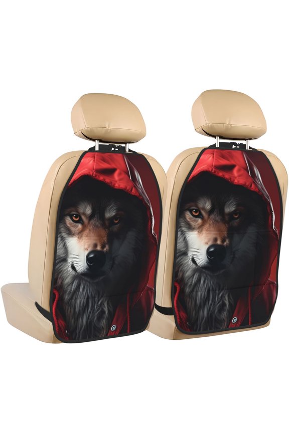 Mysterious Hooded Wolf Print 2 Pack Car Kick Mat Seat Cover Back Protector Mat with Pockets for Organizer Backseat Protector and Storage Anti Kick Pad for Vehicles