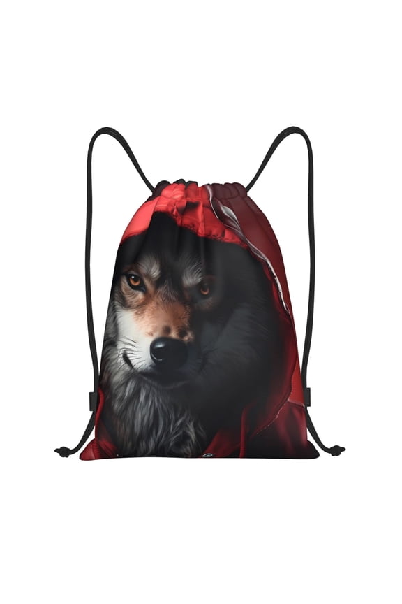 Mysterious Hooded Wolf Print Drawstring Backpack Bag,Waterproof Draw String Back Sack, Gym Drawstring Bags Swim Bag For Unisex