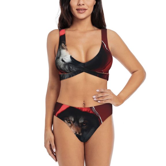 Kdxio Mysterious Hooded Wolf Print Women's 2 Piece High Waisted Wrap Spaghetti Strap Summer Swimsuit Bikini Set-Large