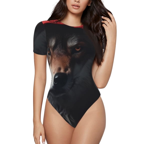 Kdxio Mysterious Hooded Wolf for Women's Short-Sleeved Onesie Stylish Round Neck Pajamas Bodysuit Jumpsuit Nightwear-Medium