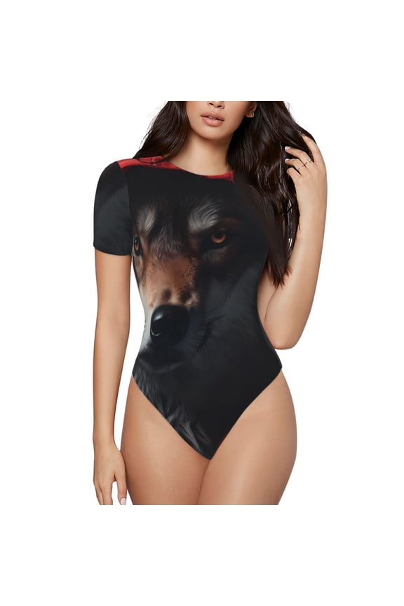Mysterious Hooded Wolf for Women's Short-Sleeved Onesie Stylish Round Neck Pajamas Bodysuit Jumpsuit Nightwear-Medium