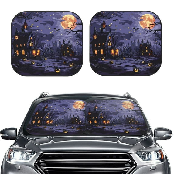 Kdxio Mystery House Halloween Night Print 2-Piece Sun Shade Front Windshield - Foldable Car Front Window Sunshades for Most Sedans SUV Truck