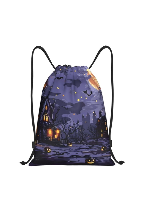 Mystery House Halloween Night Print Drawstring Backpack Bag,Waterproof Draw String Back Sack, Gym Drawstring Bags Swim Bag For Unisex
