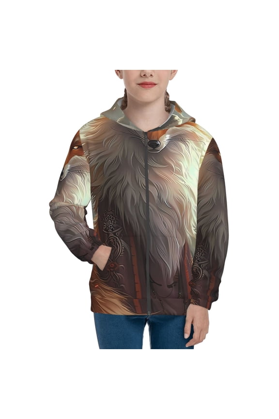 Mystic Fox With Halo Pattern Kids Boys Girls Zip Up Hoodie 3D Printed Hooded Sweatshirt Hoody Coat with Pocket 7-12 Y-Medium