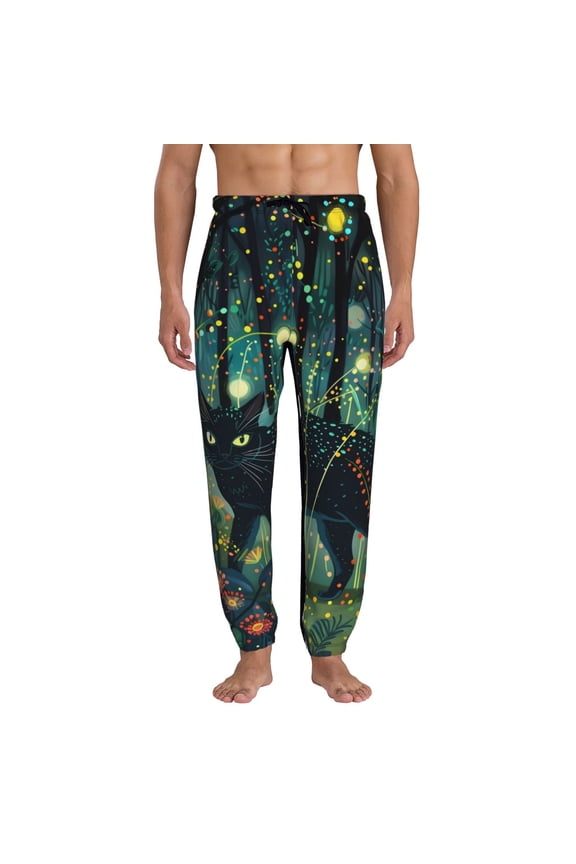 Mystical Black Cat Fireflies Pattern Joggers,Sweatpants for Men with Pockets-X-Large