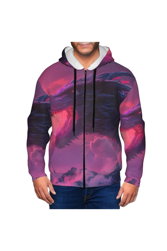 Mystical Dragon Under Moon Print Men Hoodies Casual Hoodies for Men with Zip Pockets Full Zip Long Sleeve Sweatshirt Sports Hooded Jacket-Large