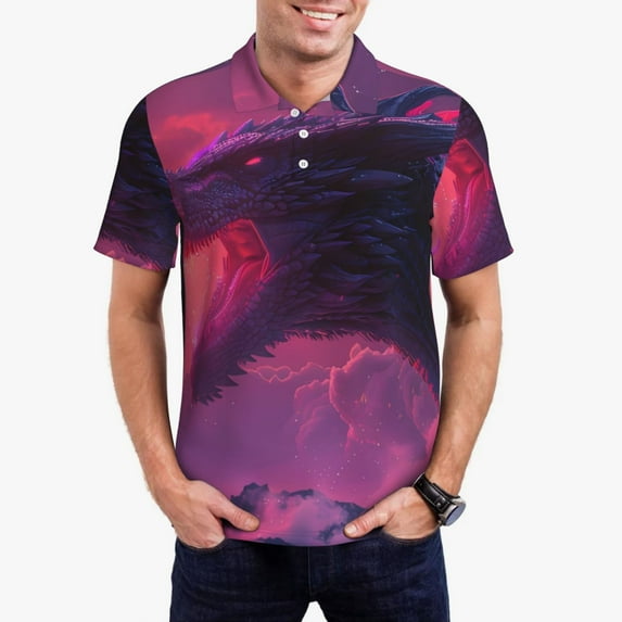 Kdxio Mystical Dragon Under Moon Print Men's Short Sleeve Polo Shirt,Midweight Men's Shirt-XX-Large
