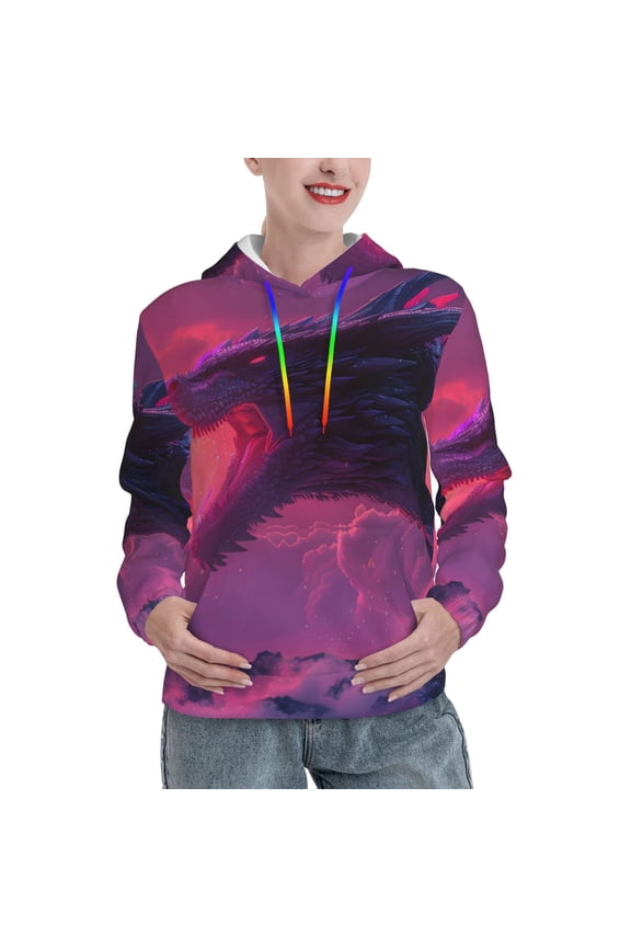 Mystical Dragon Under Moon Print Womens Oversized Hoodies Sweatshirts Hooded Pullover Tops Sweaters Casual-Medium