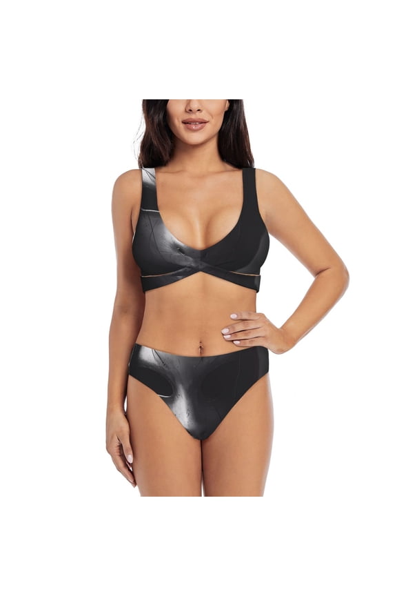 Mystical Masked Figure Monochrome Print Women's 2 Piece High Waisted Wrap Spaghetti Strap Summer Swimsuit Bikini Set-Large