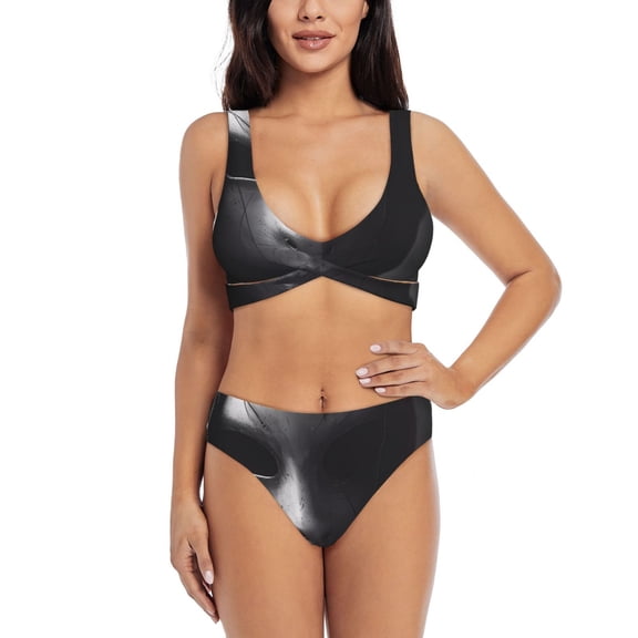 Kdxio Mystical Masked Figure Monochrome Print Women's 2 Piece High Waisted Wrap Spaghetti Strap Summer Swimsuit Bikini Set-Small