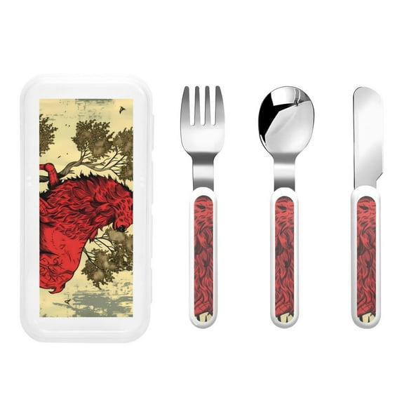 Kdxio Mythical Red Stag Illustration Toddler Utensils Set - Kids Silverware Set, Set Kids Utensils Set with Case for Preschooler Children