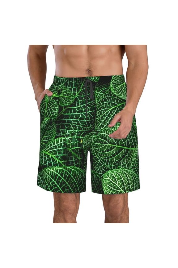 Natural Green Leaves Pattern Mens Casual Shorts - Drawstring Summer Beach Sports Shorts for Men