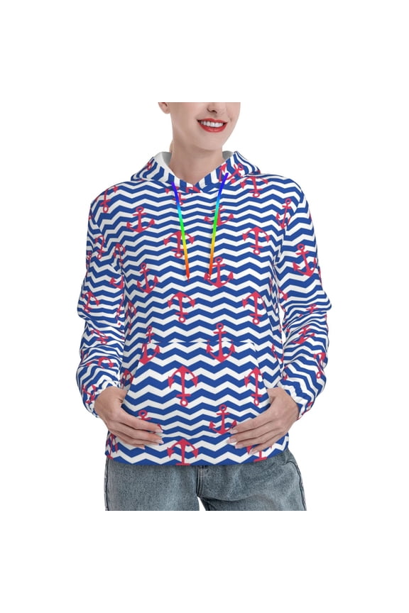 Nautical Anchors Print Womens Oversized Hoodies Sweatshirts Hooded Pullover Tops Sweaters Casual-Small