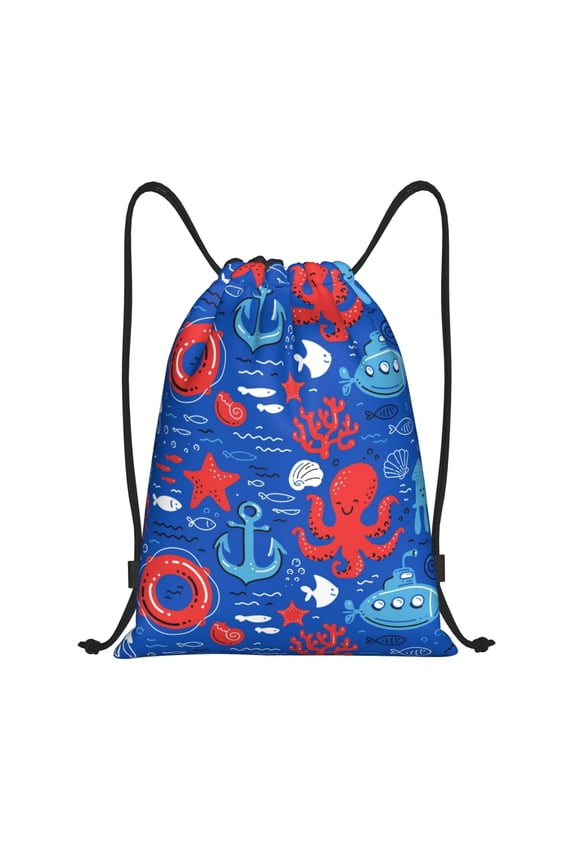 Nautical Animals Print Drawstring Backpack Bag,Waterproof Draw String Back Sack, Gym Drawstring Bags Swim Bag For Unisex