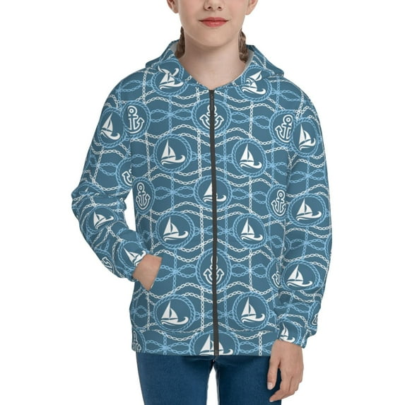 Kdxio Nautical Pattern Kids Boys Girls Zip Up Hoodie 3D Printed Hooded Sweatshirt Hoody Coat with Pocket 7-12 Y-Small