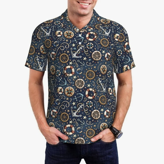 Kdxio Nautical Print Men's Short Sleeve Polo Shirt,Midweight Men's Shirt