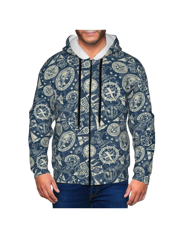 Nautical Style Print Men Hoodies Casual Hoodies for Men with Zip Pockets Full Zip Long Sleeve Sweatshirt Sports Hooded Jacket-XX-Large