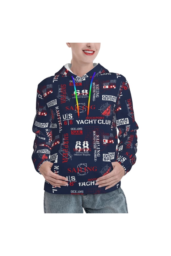 Nautical Style Sailboat Print Womens Oversized Hoodies Sweatshirts Hooded Pullover Tops Sweaters Casual-Small