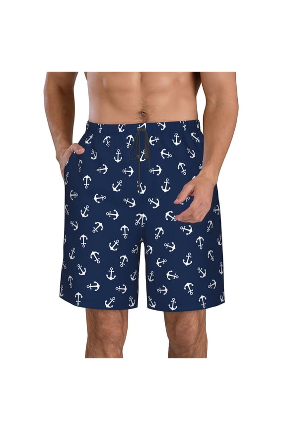 Nautical Themed Simple Anchors Pattern Mens Casual Shorts - Drawstring Summer Beach Sports Shorts for Men