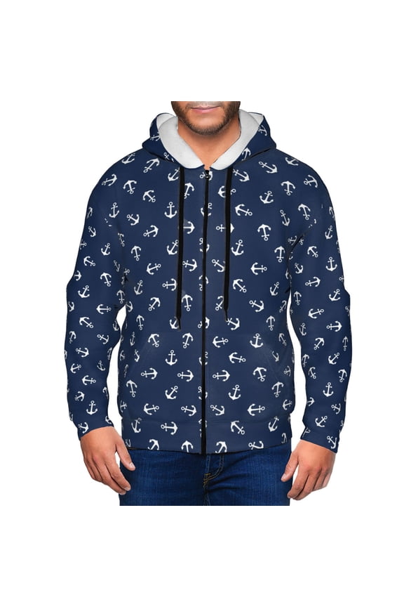 Nautical Themed Simple Anchors Print Men Hoodies Casual Hoodies for Men with Zip Pockets Full Zip Long Sleeve Sweatshirt Sports Hooded Jacket-Small
