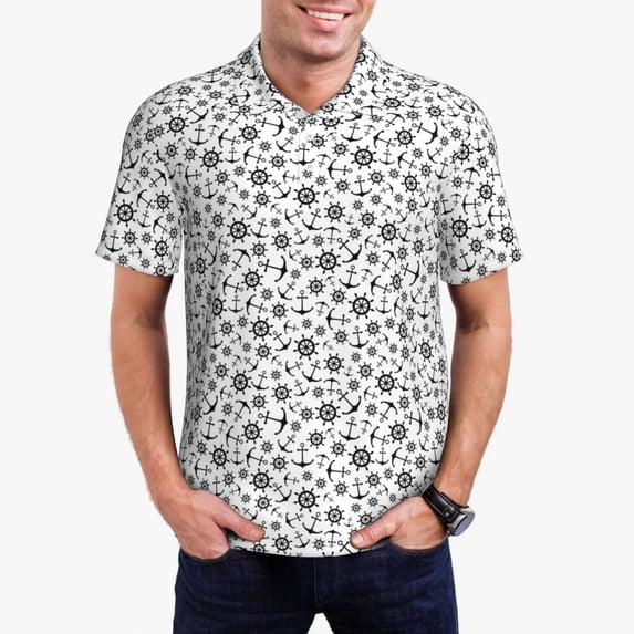 Kdxio Nautical Themed Simple Anchors Print Men's Short Sleeve Polo Shirt,Midweight Men's Shirt
