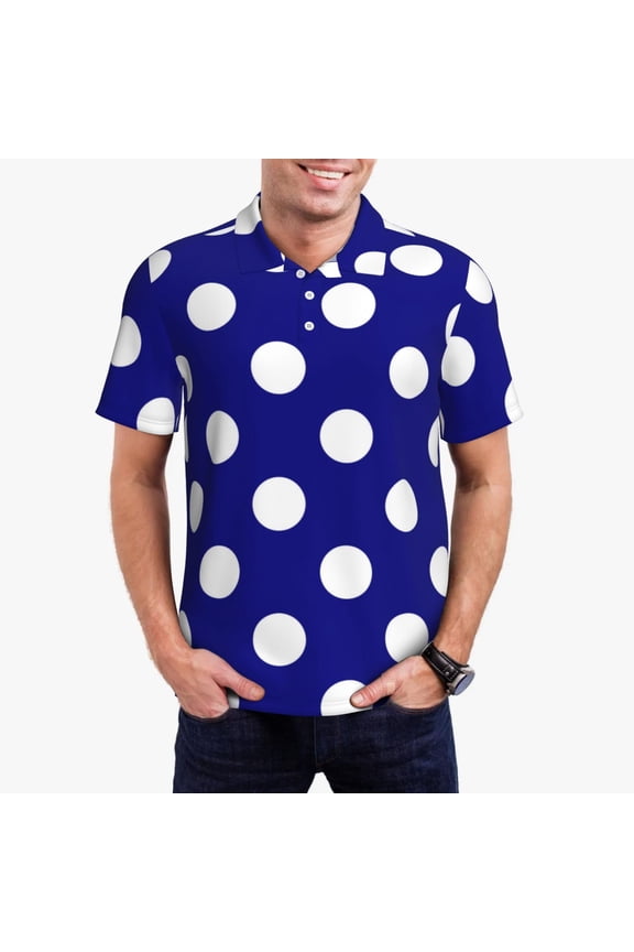 Navy And White Polka Dot Print Men's Short Sleeve Polo Shirt,Midweight Men's Shirt-Large