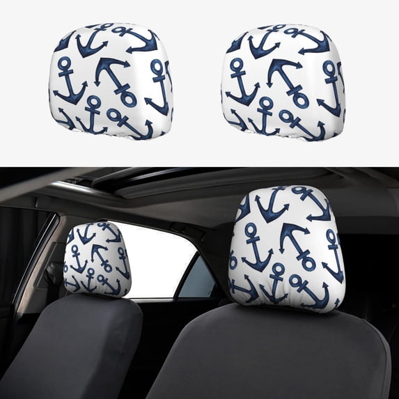 Kdxio Navy Blue Anchors Pattern Print 2 Piece Car Head Rest Covers Set Auto Front/Rear Seats Headrest Cover Universal Fit Most Cars,Sedan, SUV
