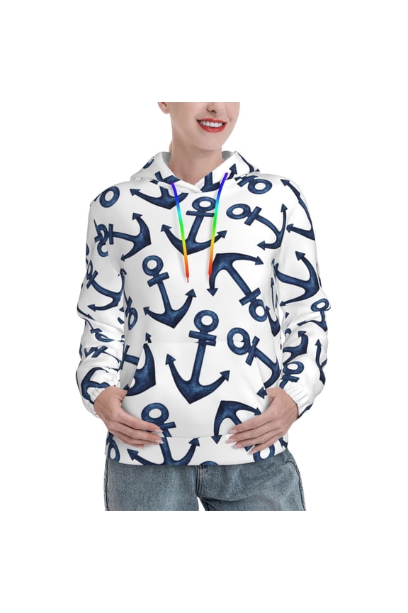 Navy Blue Anchors Print Womens Oversized Hoodies Sweatshirts Hooded Pullover Tops Sweaters Casual-X-Large