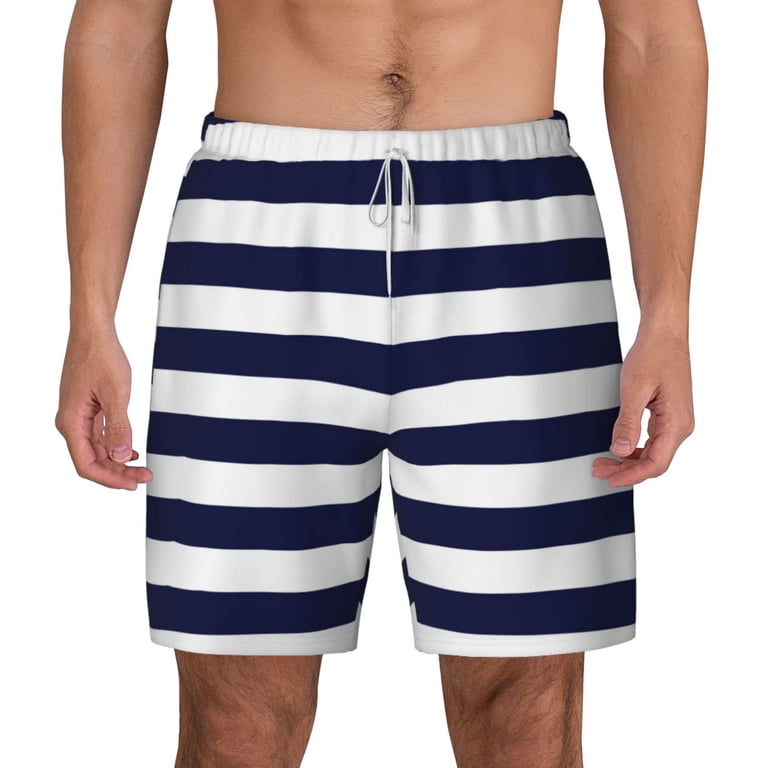 Kdxio Navy Blue And White Stripes Print Men'S Swim Trunks With