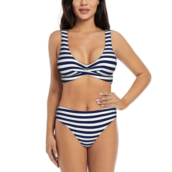 Kdxio Navy Blue And White Stripes Print Women's 2 Piece High Waisted Wrap Spaghetti Strap Summer Swimsuit Bikini Set-X-Large