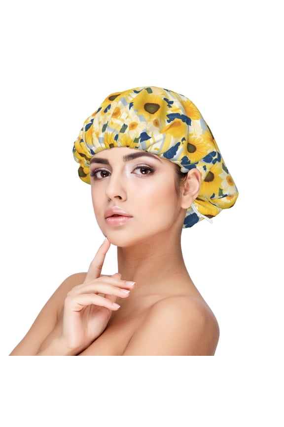 Navy Blue Leaf Sunflower Pattern Satin Bonnet Silk Bonnet Hair Bonnet for Sleeping Hair Bonnets for Women Curly Natural Hair