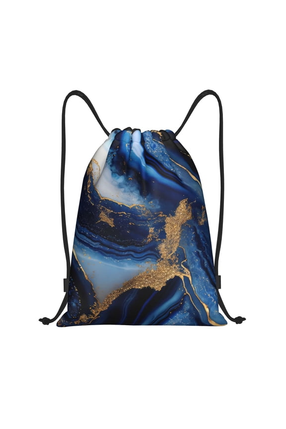 Navy Blue Marble Print Drawstring Backpack Bag,Waterproof Draw String Back Sack, Gym Drawstring Bags Swim Bag For Unisex