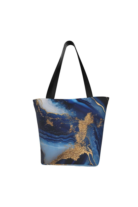 Navy Blue Marble Women Reusable Grocery Bags Foldable Ripstop,Reusable Shopping Bags for Shopping,Gym,Gift