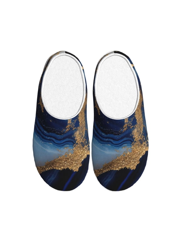 Navy Blue Marble Women's Men's Slippers Plush Slip-On House Slipper for Winter Indoor Soft Cushion Non-slip Fluffy Slides Slippers-37/38