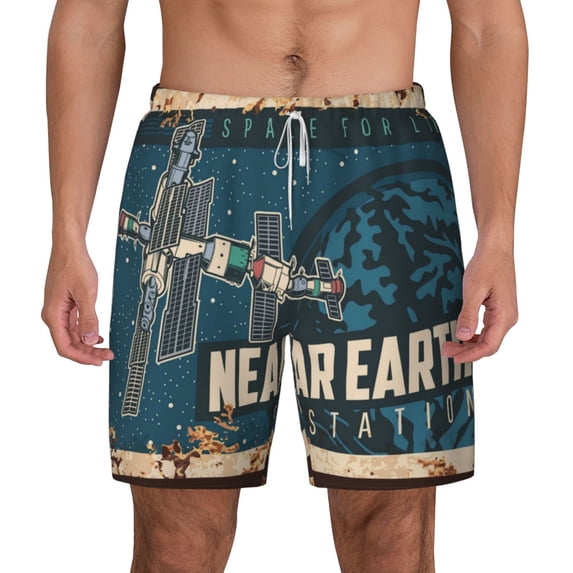 Kdxio Near Earth Station Print Men'S Swim Trunks With Compression Liner 7 Inch Inseam Quick Dry Swim Shorts