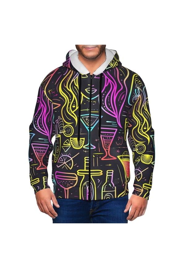 Neon Bar Drinks Print Men Hoodies Casual Hoodies for Men with Zip Pockets Full Zip Long Sleeve Sweatshirt Sports Hooded Jacket-Large