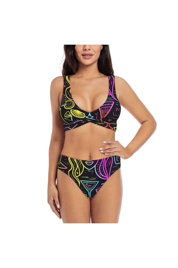 Neon Bar Drinks Print Women's 2 Piece High Waisted Wrap Spaghetti Strap Summer Swimsuit Bikini Set-Large