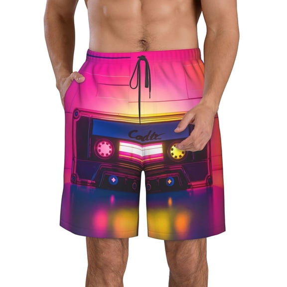 Kdxio Neon Cassette Tape Pattern Mens Casual Shorts - Drawstring Summer Beach Sports Shorts for Men