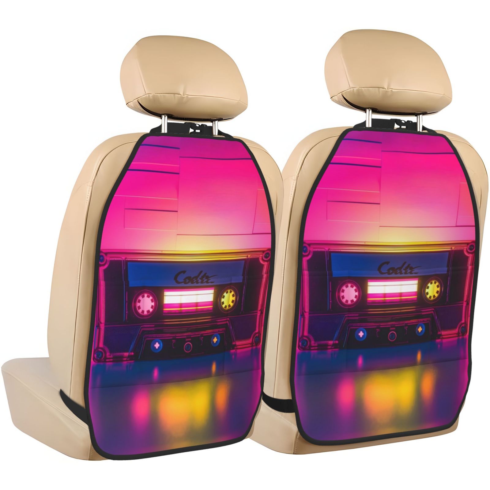 Kdxio Neon Cassette Tape Print 2 Pack Car Kick Mat Seat Cover Back Protector Mat with Pockets for Organizer Backseat Protector and Storage Anti Kick Pad for Vehicles