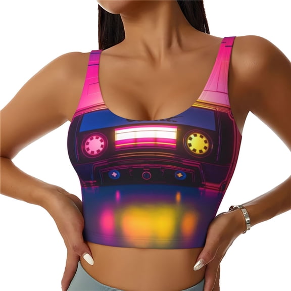 Kdxio Neon Cassette Tape Print Workout Crop Tank Top for Women Racerback Yoga Tank Tops Athletic Sports Shirts Exercise Undershirts