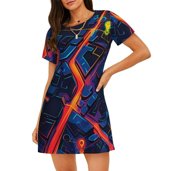 Kdxio Neon City Map Pattern Womens Short Sleeve Sleepshirt Scoopneck Cute Nightdress Ruffle Comfy Nightgown