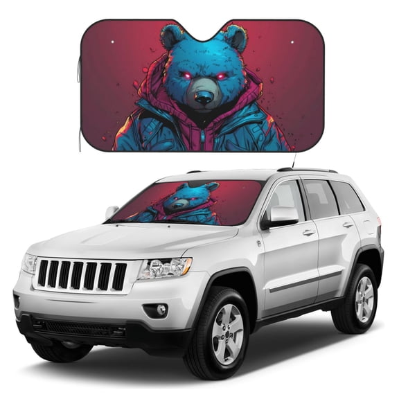 Kdxio Neon Cyberpunk Blue Bear Print Windshield Sun Shade, Foldable Sun Blocker for Car,Truck,SUV Automotive Interior Sun Protection,Reflective Shade for Front Windshield(Small)