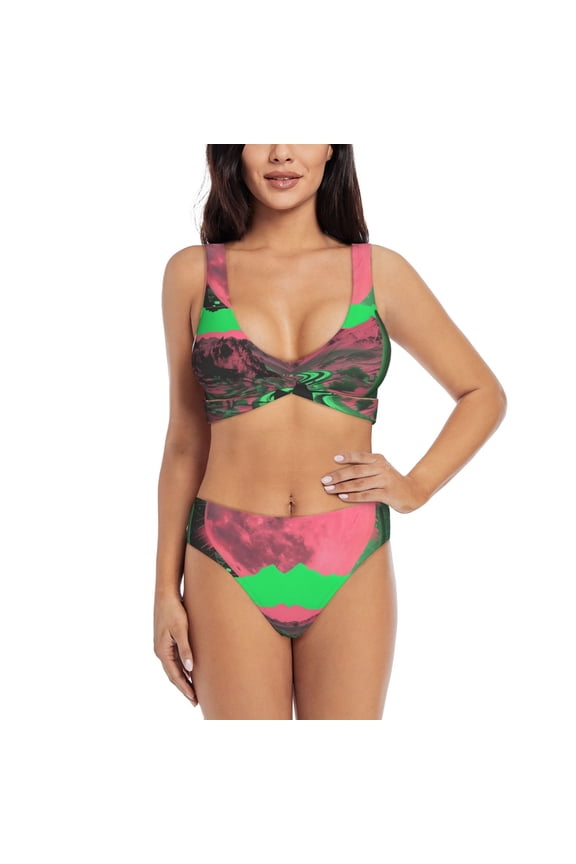 Neon Desert Moon Print Women's 2 Piece High Waisted Wrap Spaghetti Strap Summer Swimsuit Bikini Set-X-Large